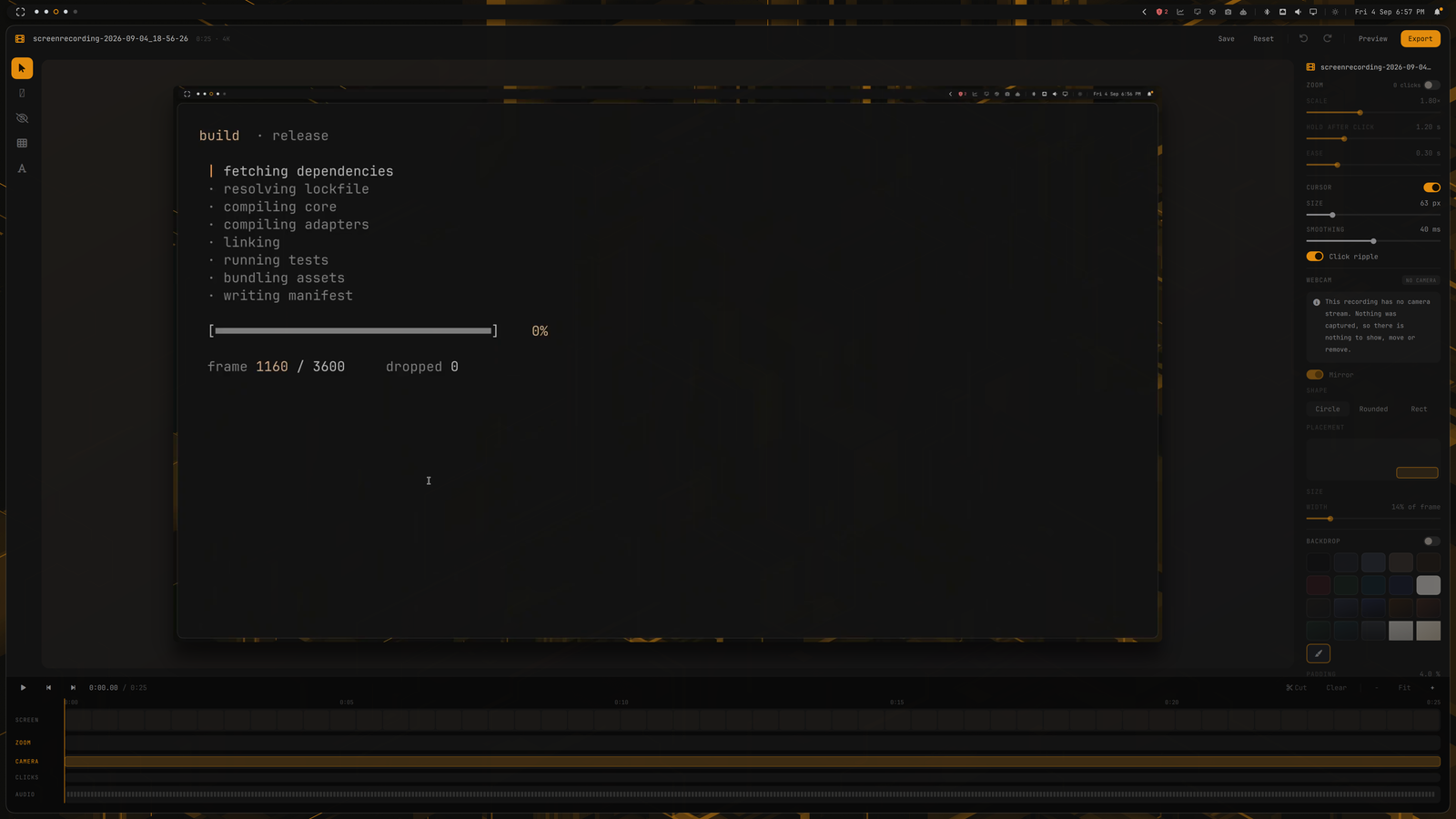 The omarchy-studio editor: canvas with the recording on a backdrop, a layer list on the left, settings on the right, and the timeline underneath.