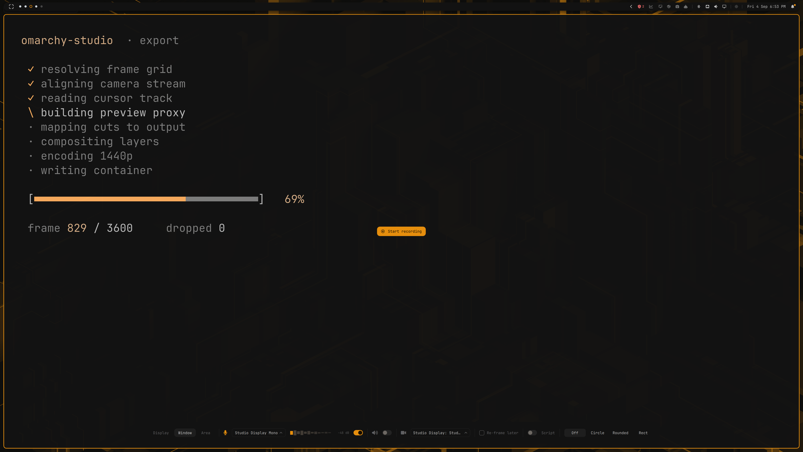The setup bar at the bottom of the screen, with mode, microphone, camera and system audio controls, and a Start overlay on the display itself.